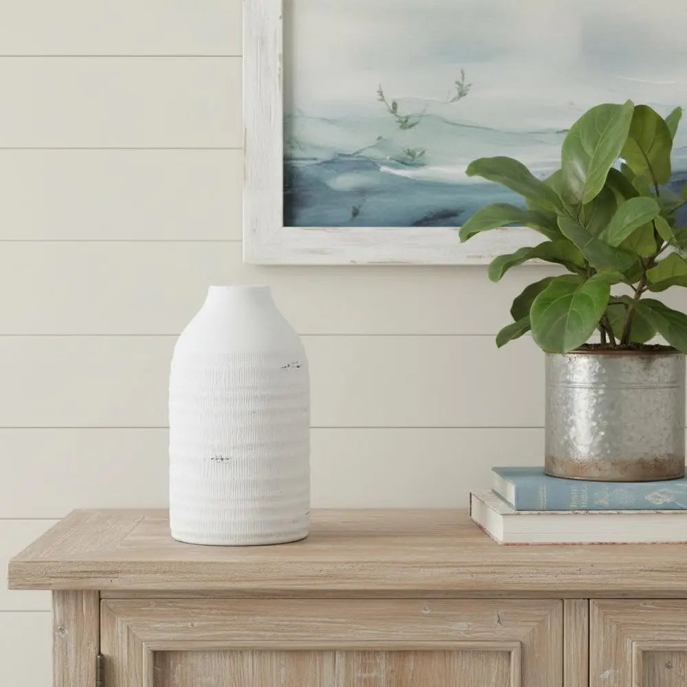 12" White Stoneware Round Jug Vase - NOBLE HOME INTERIORS