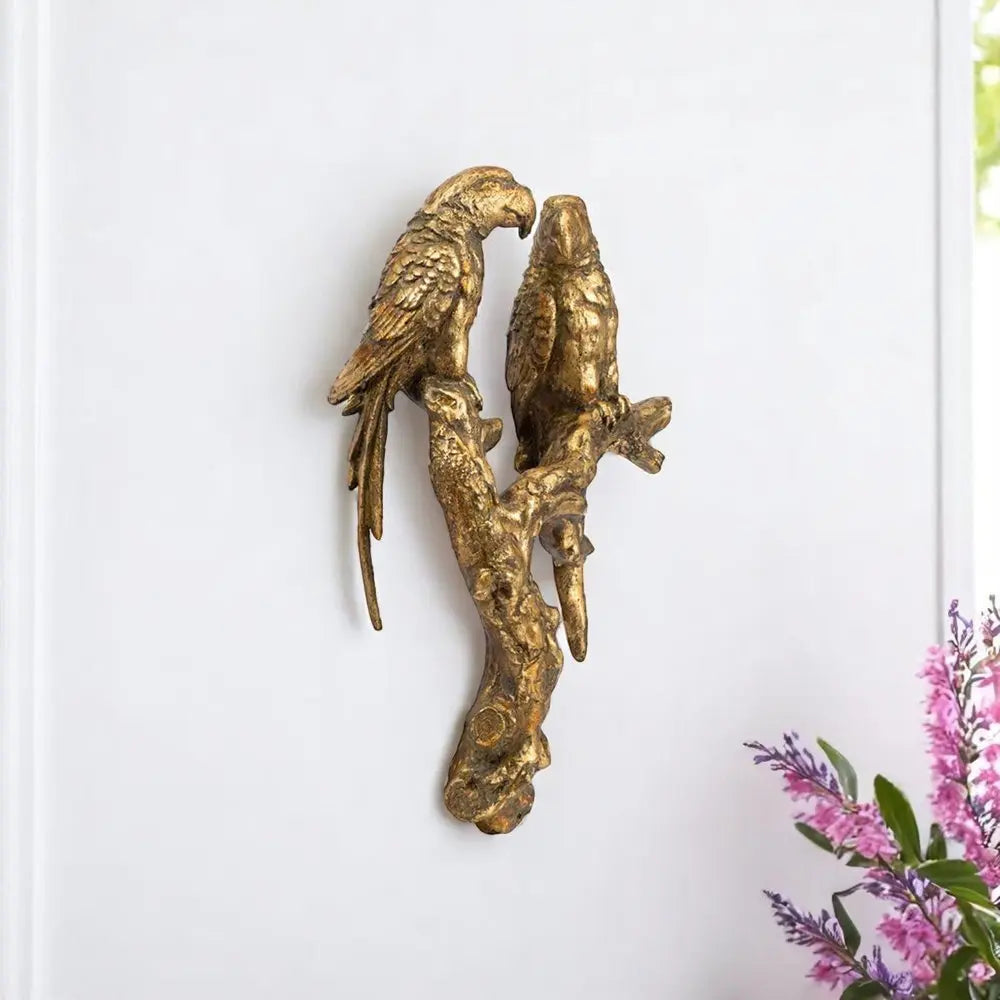 13" Antiqued Gold Parrots Hanging Dimensional Sculpture - NOBLE HOME INTERIORS