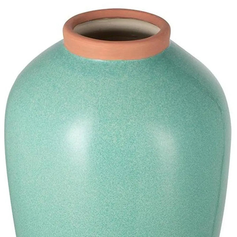 13" Aqua And Terra Cotta Ceramic Round Table Vase - NOBLE HOME INTERIORS