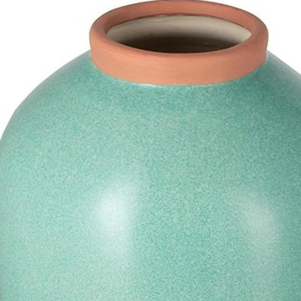 13" Aqua And Terra Cotta Ceramic Round Table Vase - NOBLE HOME INTERIORS