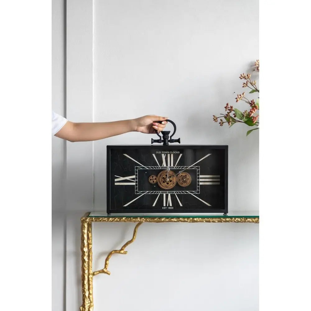 13" Black and Gold Metal and Glass Analog Vintage Style Crackle Wall Clock - NOBLE HOME INTERIORS