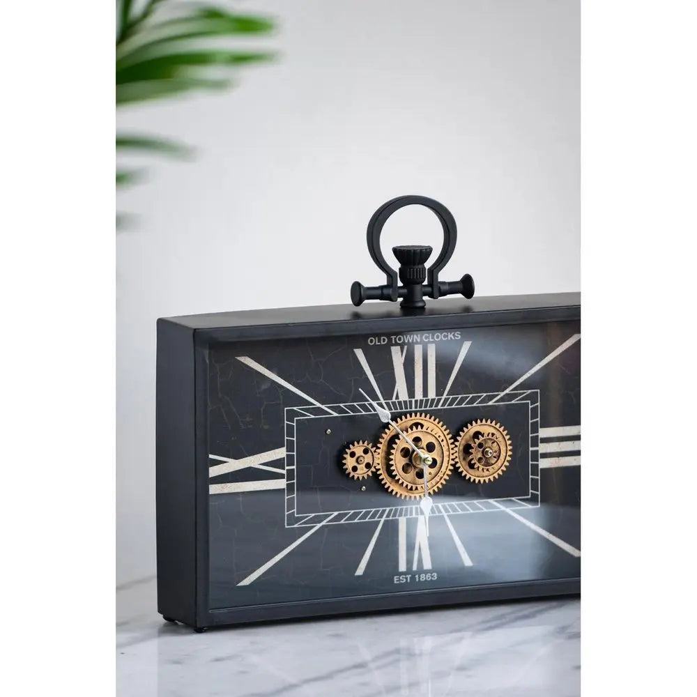 13" Black and Gold Metal and Glass Analog Vintage Style Crackle Wall Clock - NOBLE HOME INTERIORS