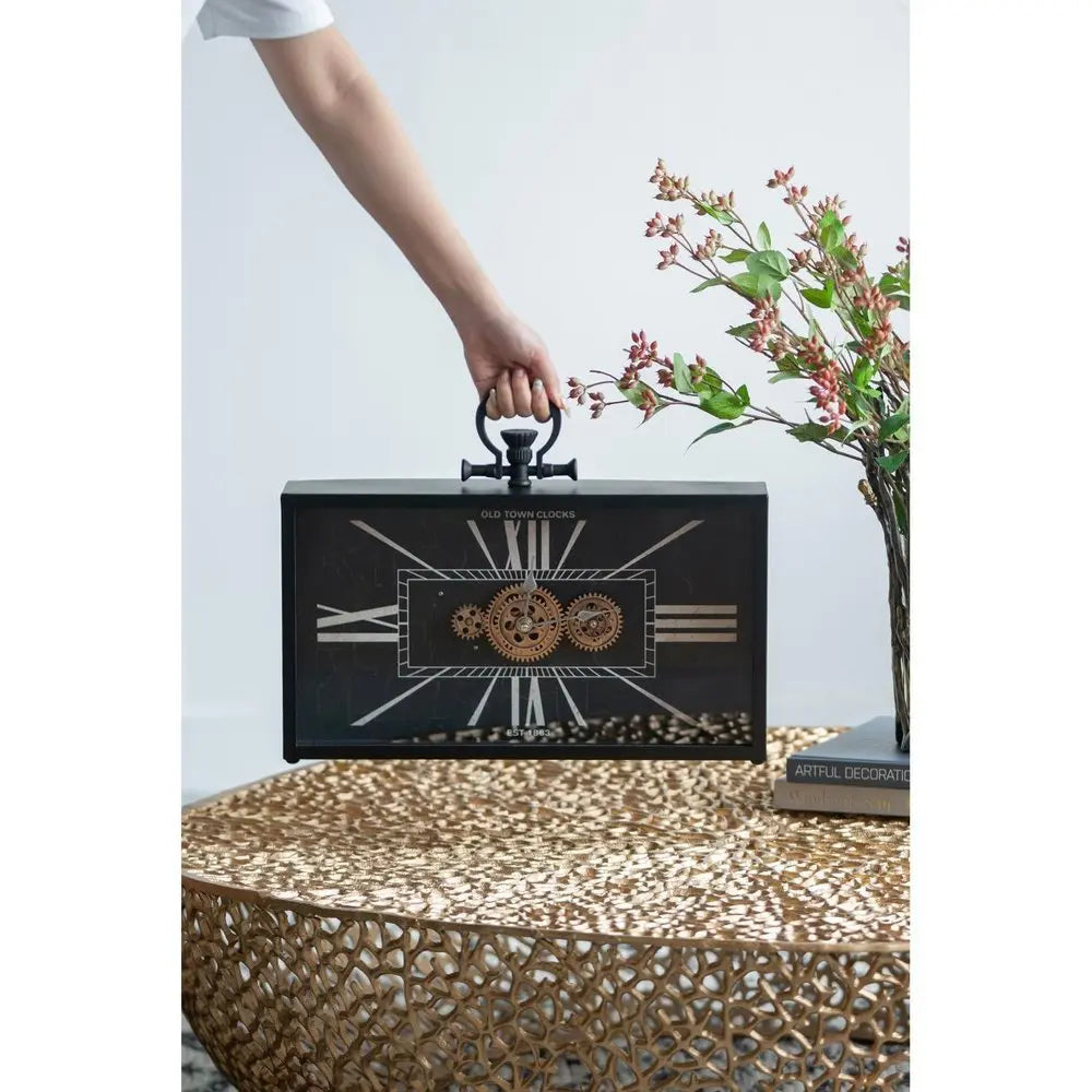 13" Black and Gold Metal and Glass Analog Vintage Style Crackle Wall Clock - NOBLE HOME INTERIORS