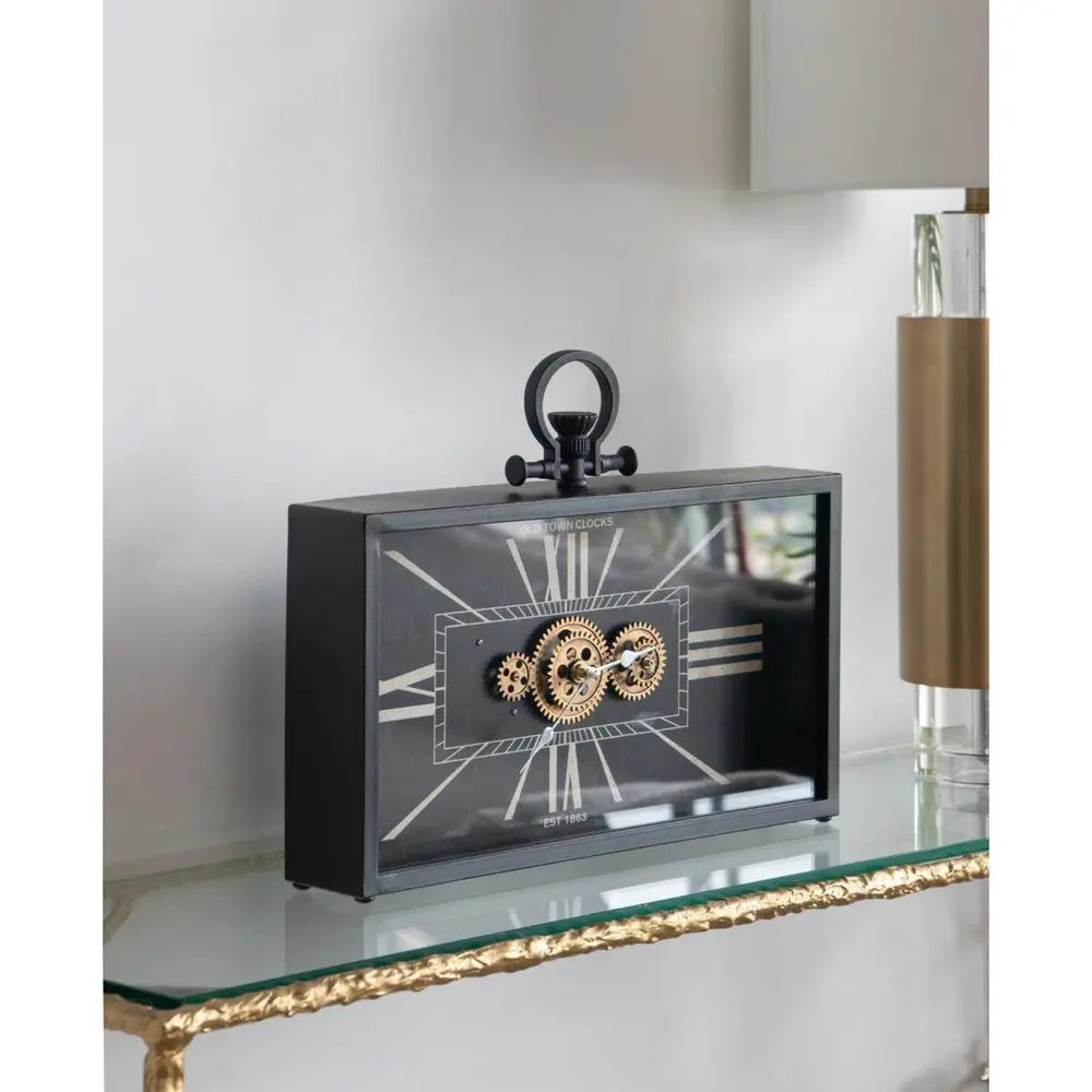 13" Black and Gold Metal and Glass Analog Vintage Style Crackle Wall Clock - NOBLE HOME INTERIORS