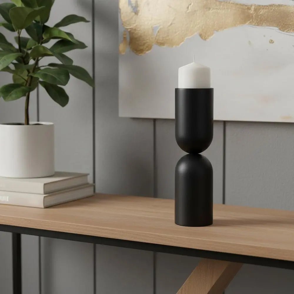 13" Black Metal Tabletop Pillar Candle Holder HomeRoots