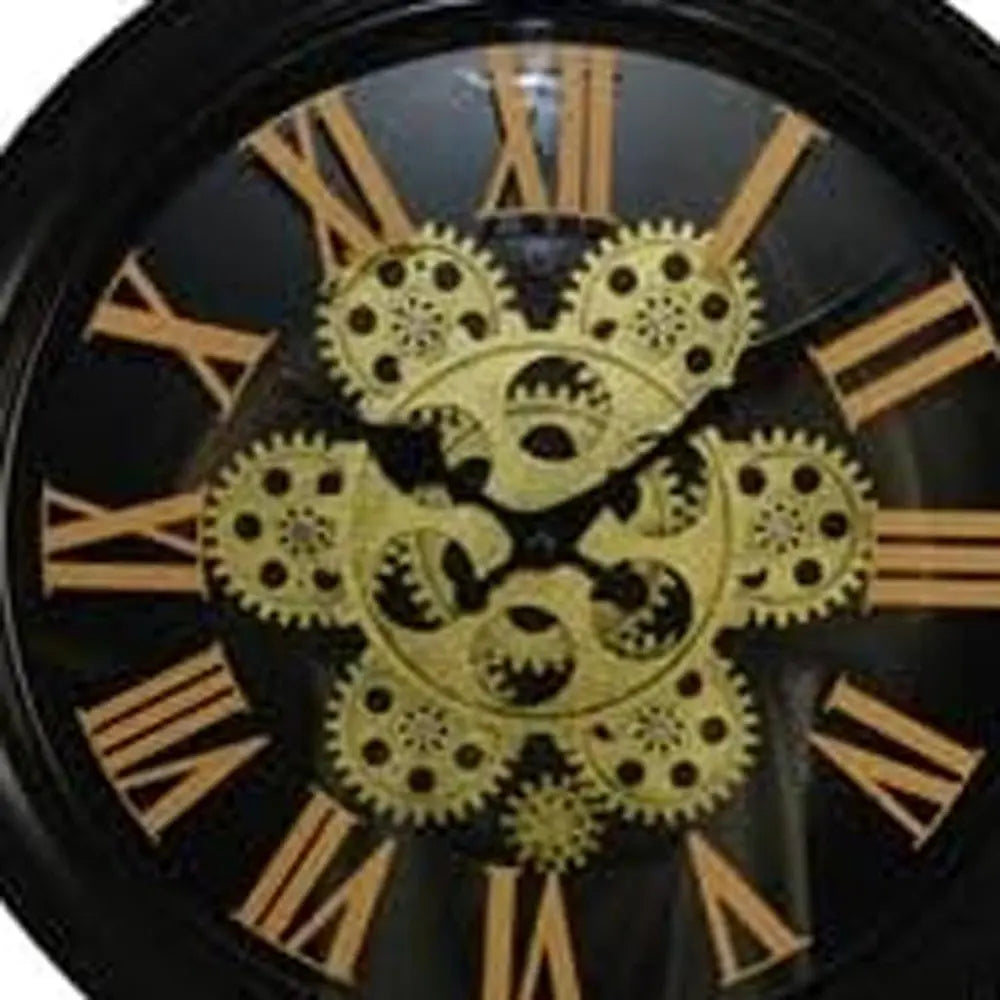 13" Black Orange And Gold Metal Silent Skeleton Distressed Exposed Gear Round Wall Clock - NOBLE HOME INTERIORS