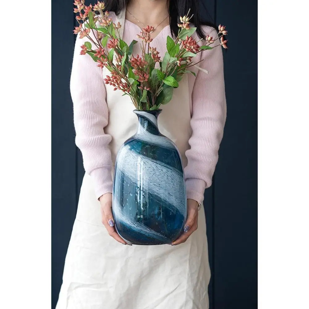 13" Blue And White Striped Swirl Art Glass Table Vase - NOBLE HOME INTERIORS