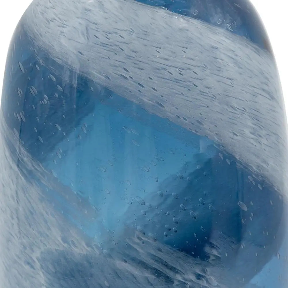 13" Blue And White Striped Swirl Art Glass Table Vase - NOBLE HOME INTERIORS