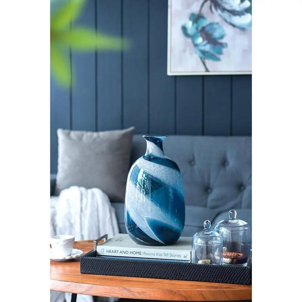 13" Blue And White Striped Swirl Art Glass Table Vase - NOBLE HOME INTERIORS