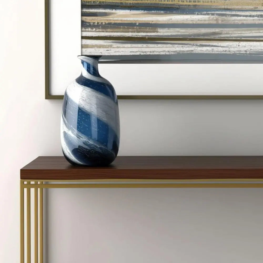 13" Blue And White Striped Swirl Art Glass Table Vase - NOBLE HOME INTERIORS