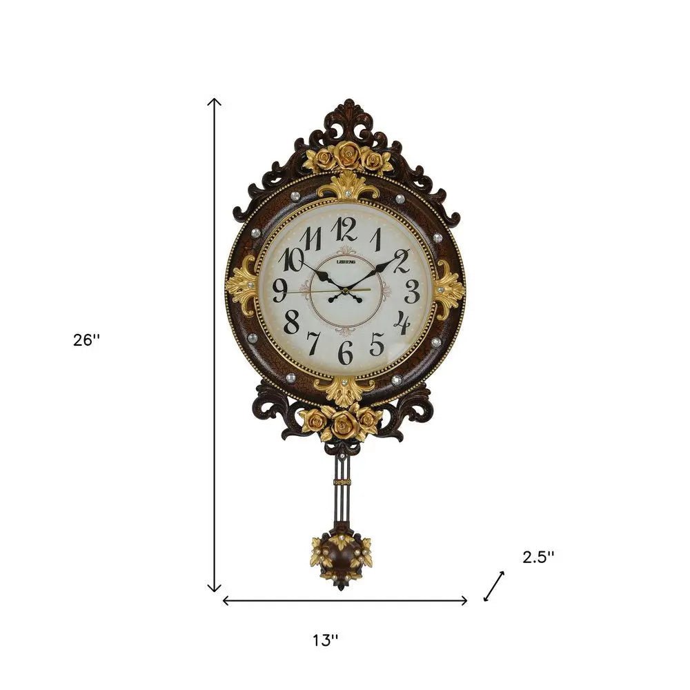13" Brown Gold And White Resin Silent Pendulum Ornate Oval Wall Clock HomeRoots