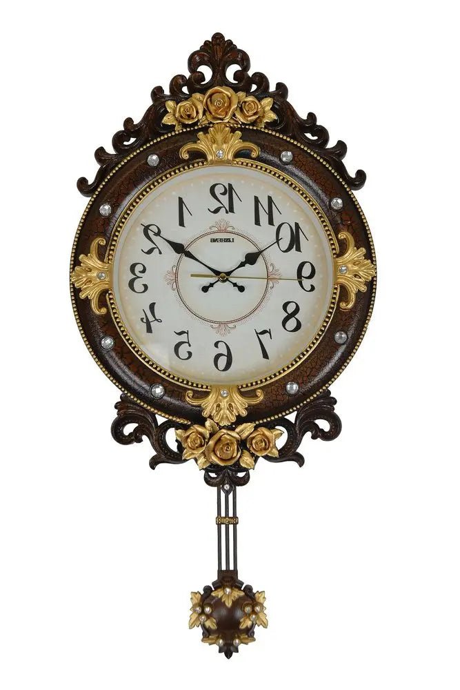 13" Brown Gold And White Resin Silent Pendulum Ornate Oval Wall Clock HomeRoots