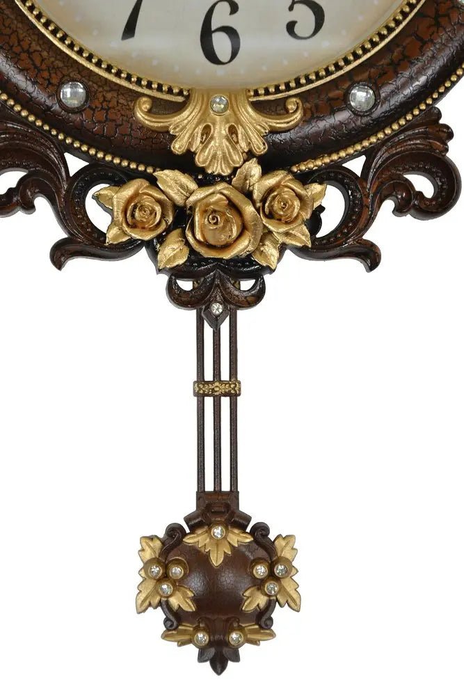 13" Brown Gold And White Resin Silent Pendulum Ornate Oval Wall Clock HomeRoots