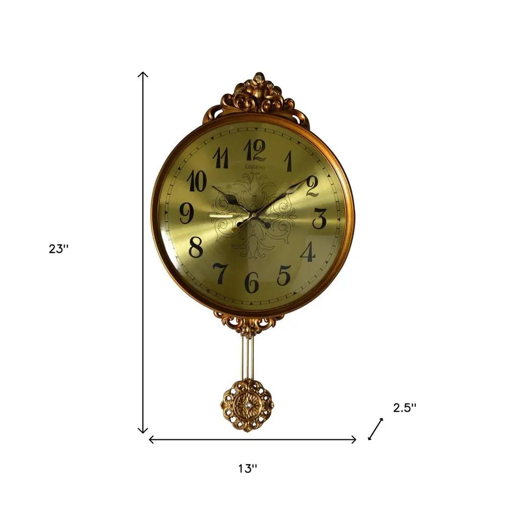 13" Gold And Black Resin Silent Pendulum Ornate Round Wall Clock HomeRoots