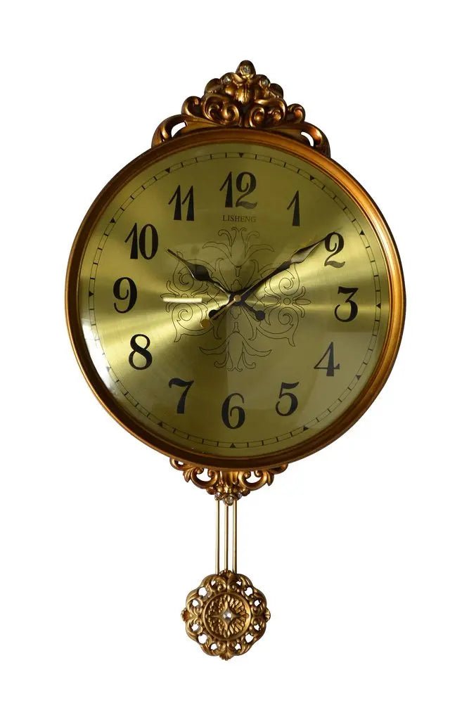 13" Gold And Black Resin Silent Pendulum Ornate Round Wall Clock HomeRoots