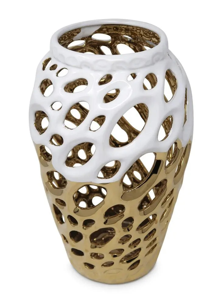 13" Gold And White Pierced Urn Porcelain Table Vase With Sculptural Details - NOBLE HOME INTERIORS