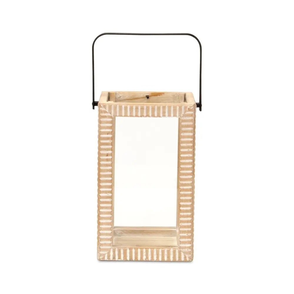 13" Natural Distressed Geometric Solid Wood Tabletop Lantern Candle Holder HomeRoots