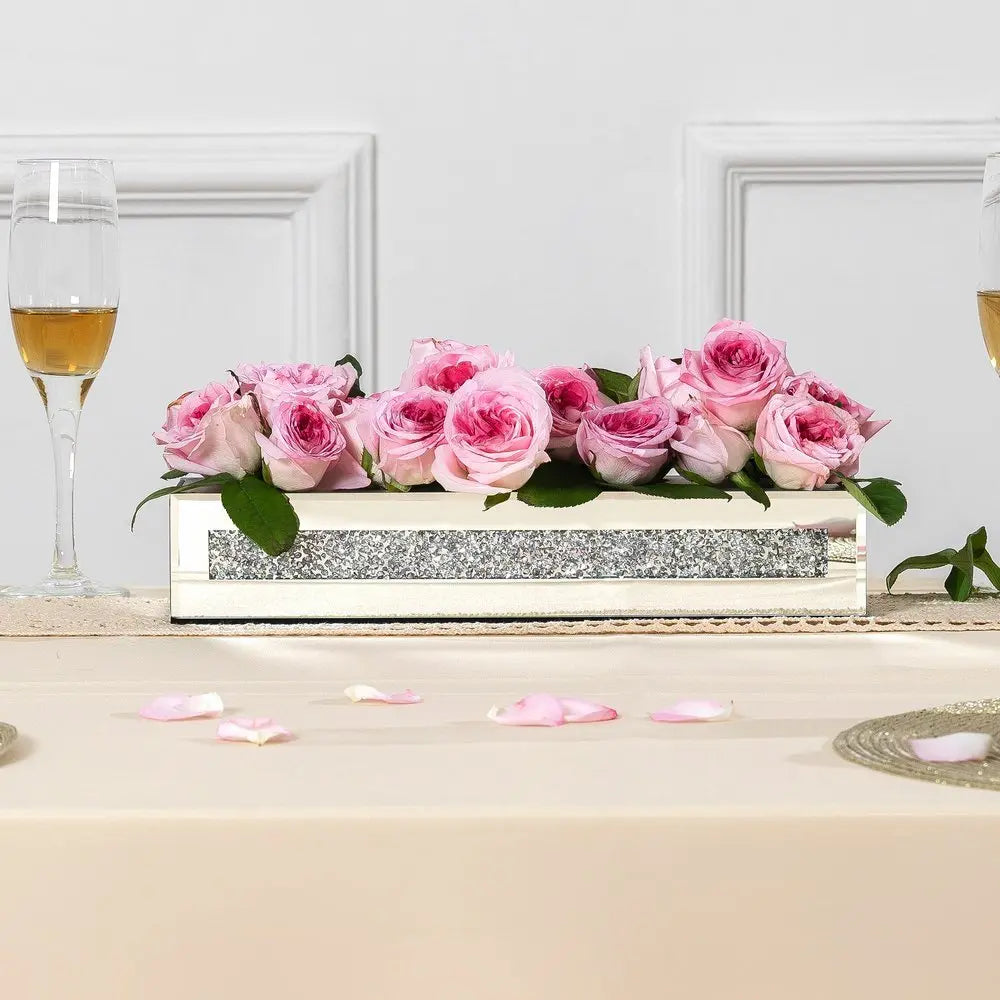 13" Silver Crystal And Mirrored Glass Table Vase With Crystals - NOBLE HOME INTERIORS