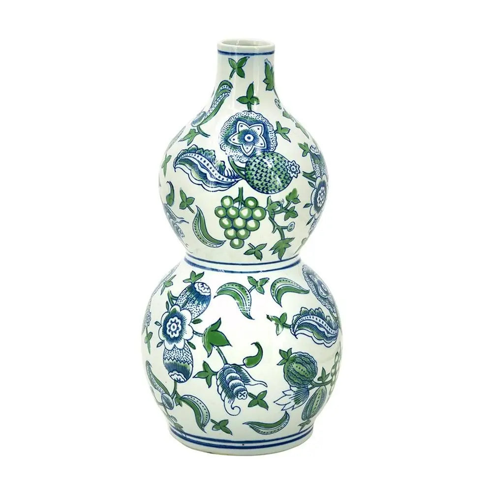 13" White Blue And Green Chinoiserie Porcelain Wavy Gourd Table Vase - NOBLE HOME INTERIORS