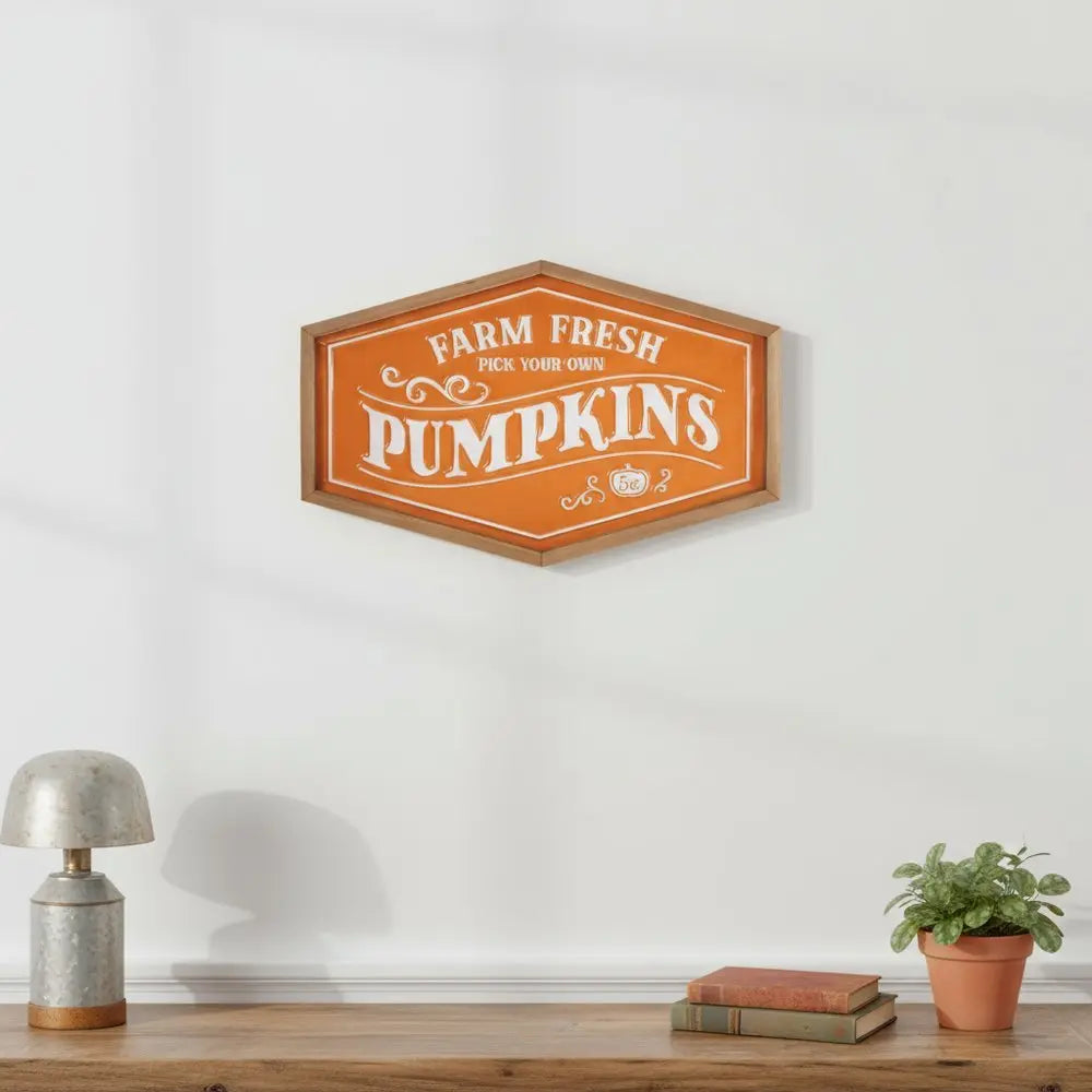 13" X 20" Orange And White Metal Farm Fresh Pumpkins Wall Decor - NOBLE HOME INTERIORS