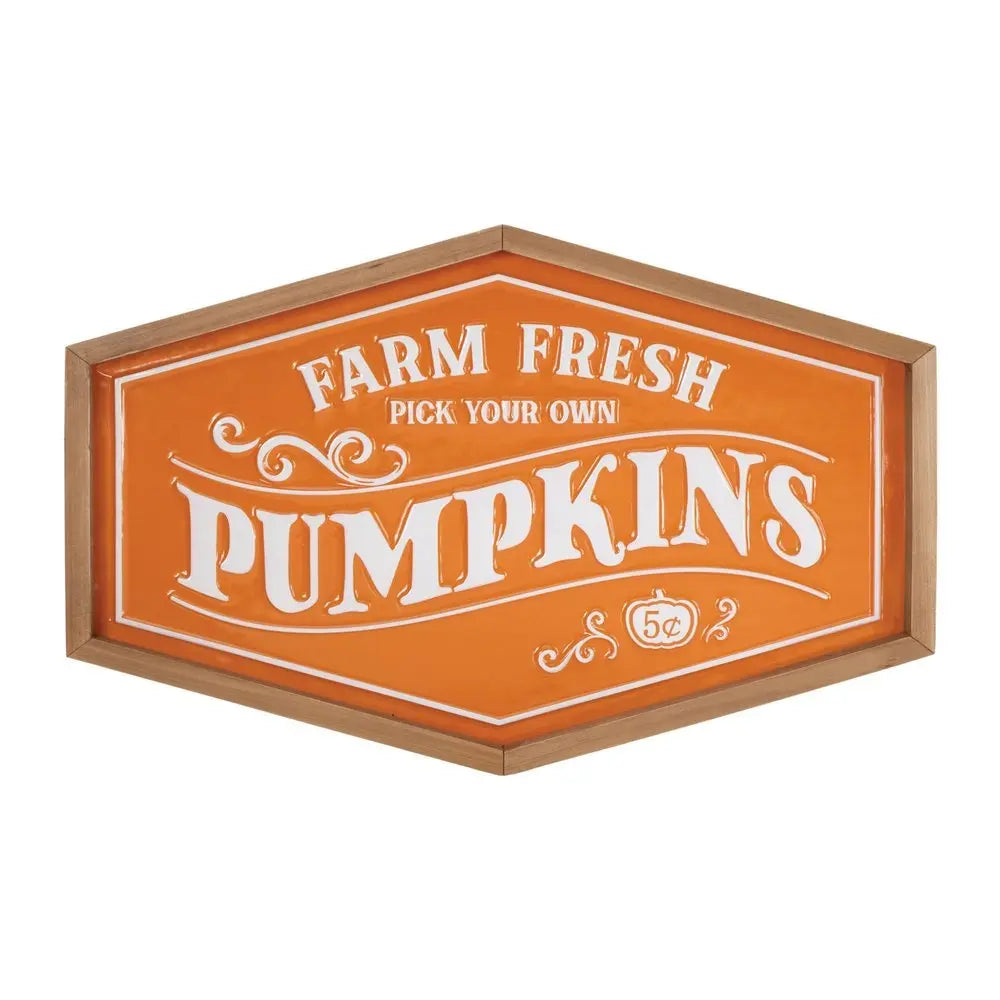 13" X 20" Orange And White Metal Farm Fresh Pumpkins Wall Decor - NOBLE HOME INTERIORS