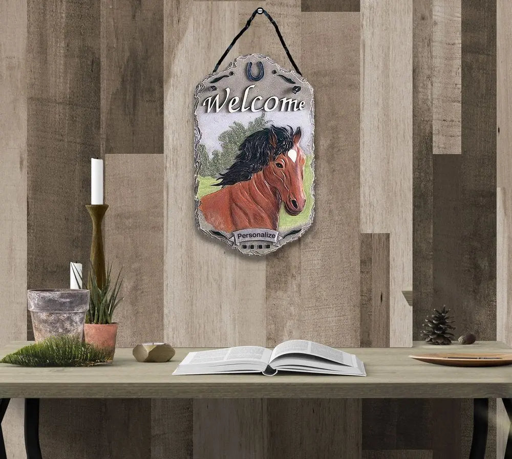 13" X 8" Gray Black And Brown Horse Welcome Resin Wall Decor - NOBLE HOME INTERIORS