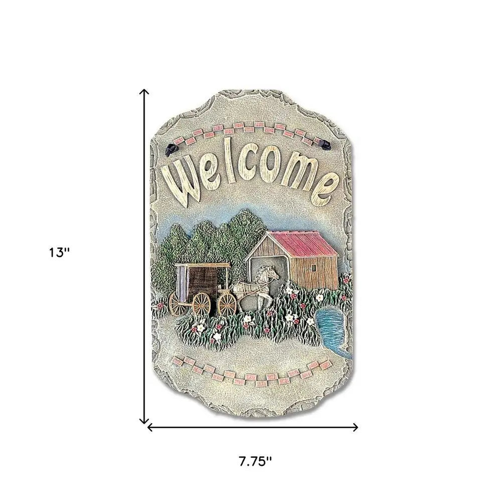 13" X 8" Gray Cream And Green Resin Horse Welcome Sign Wall Decor - NOBLE HOME INTERIORS