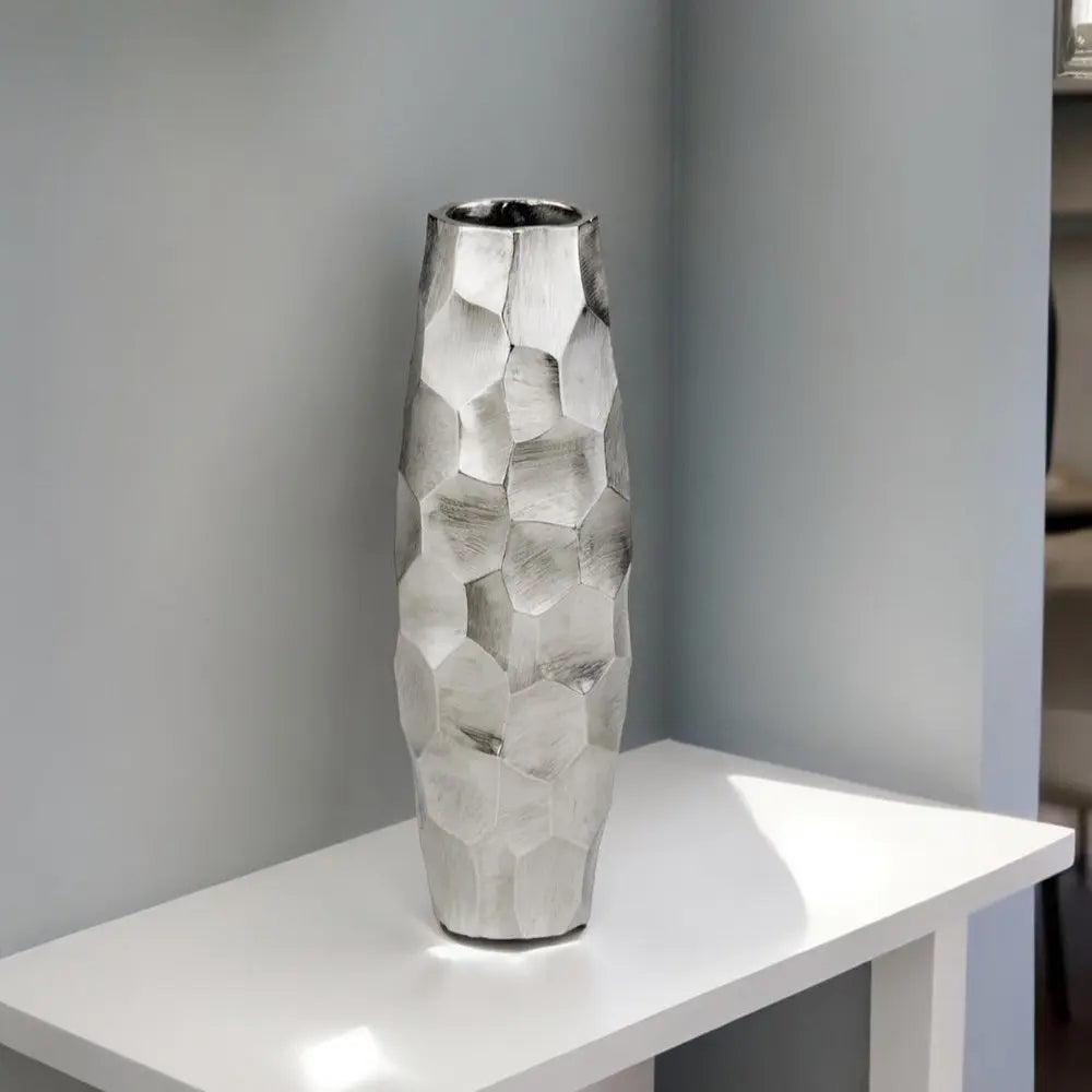 14" Aluminum Silver Faceted Geometric Cylinder Table Vase - NOBLE HOME INTERIORS