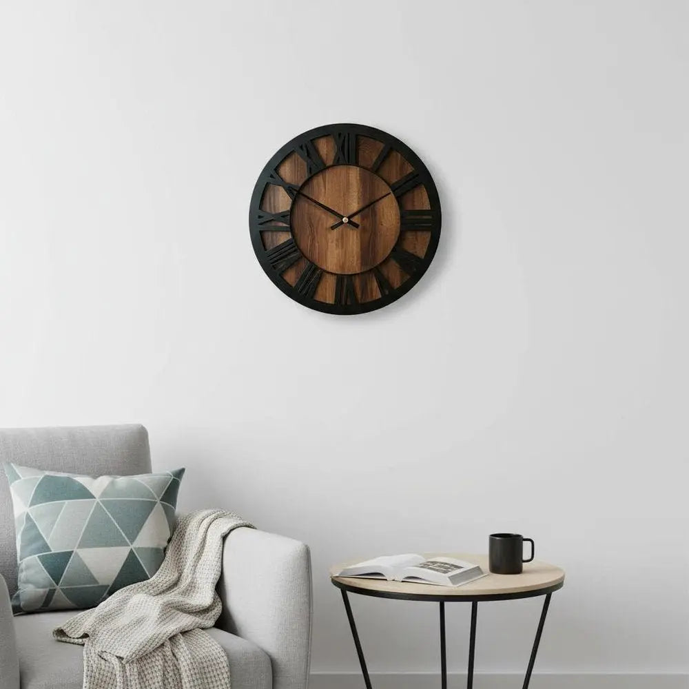 14" Black And Brown Solid Wood Silent Analog Round Wall Clock - NOVA HOME FURNITURE