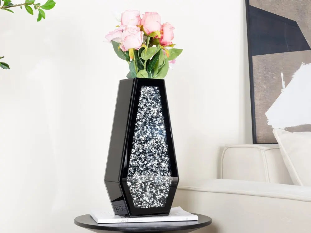 14" Black And Silver Glass Table Vase With Faux Crystals - NOBLE HOME INTERIORS