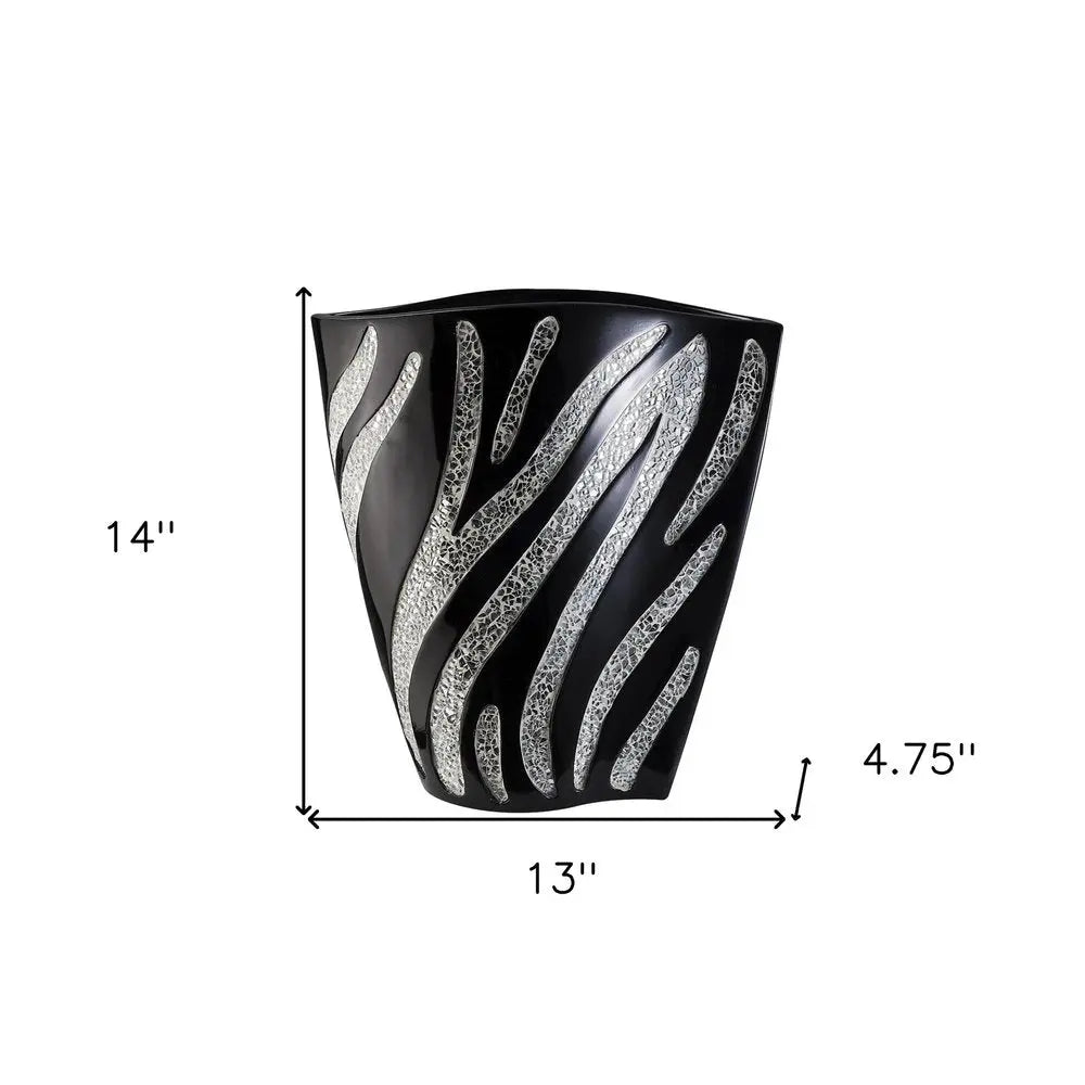 14" Black And Silver Striped Wavy Polyresin Table Vase - NOBLE HOME INTERIORS