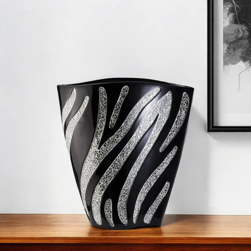 14" Black And Silver Striped Wavy Polyresin Table Vase - NOBLE HOME INTERIORS
