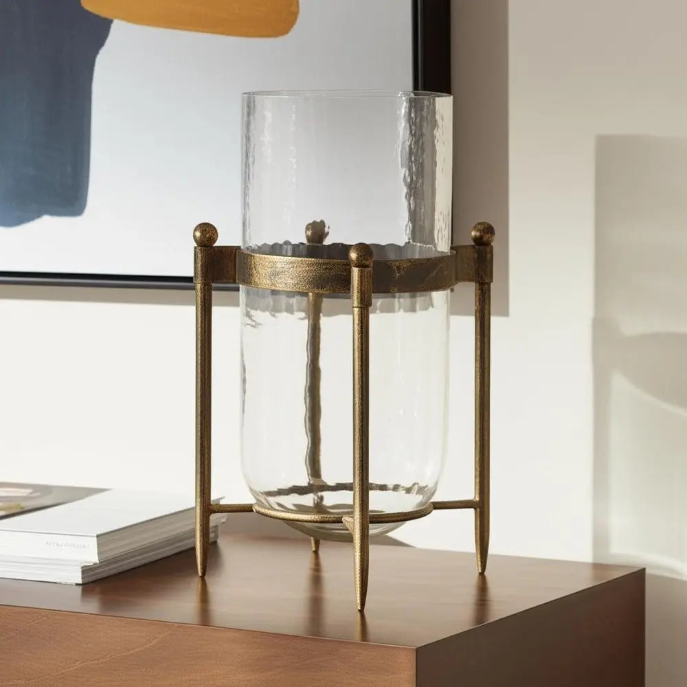 14" Bronze And Clear Glass And Metal Tabletop Hurricane Candle Holder - NOVA HOME FURNITURE