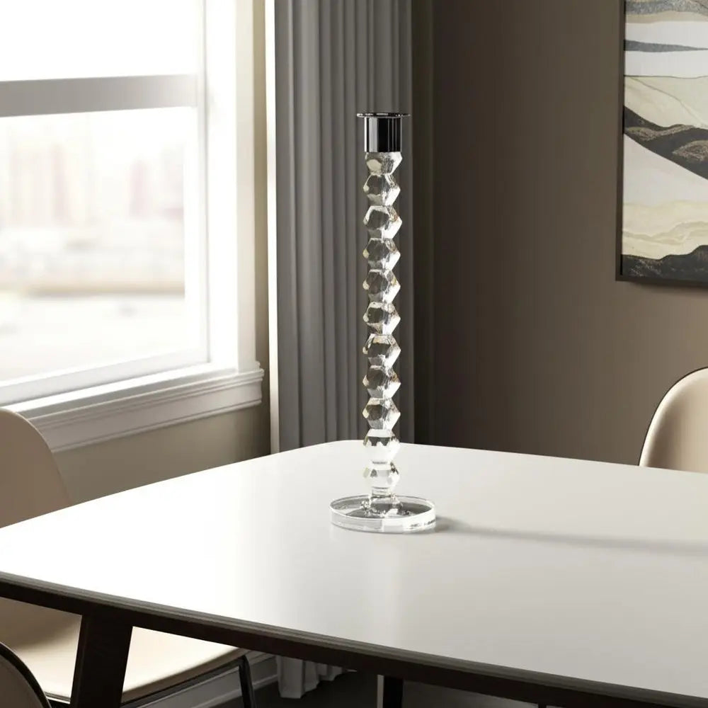 14" Clear And Silver Geo Stacks Crystal Tabletop Taper Candlestick - NOBLE HOME INTERIORS