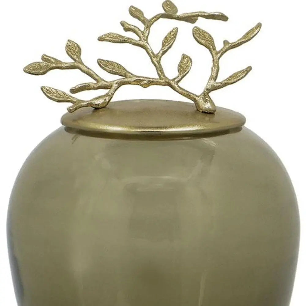 14" Dark Green And Gold Glass And Metal Round Ginger Jar - NOBLE HOME INTERIORS