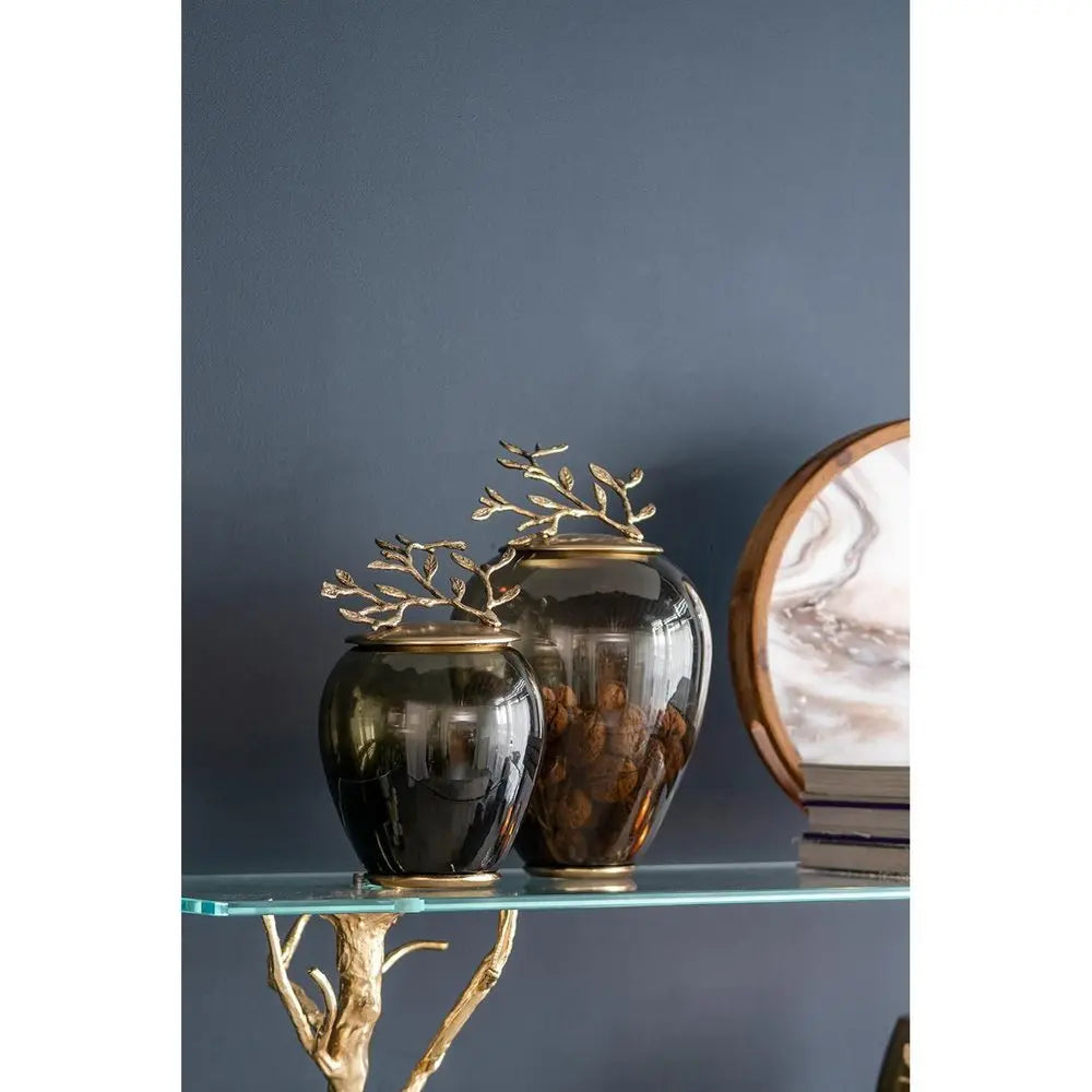 14" Dark Green And Gold Glass And Metal Round Ginger Jar - NOBLE HOME INTERIORS