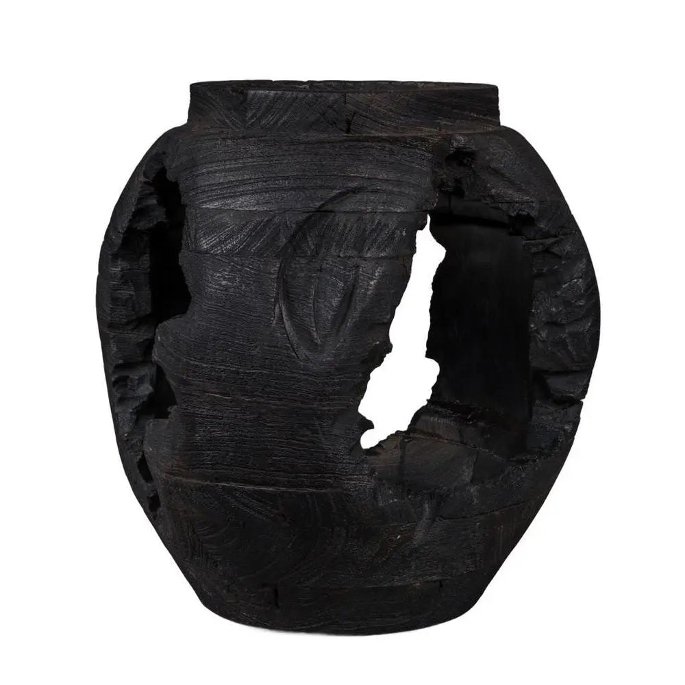 14" Ebony And Black Abstract Solid Wood Table Vase With Sculptural Details - NOBLE HOME INTERIORS