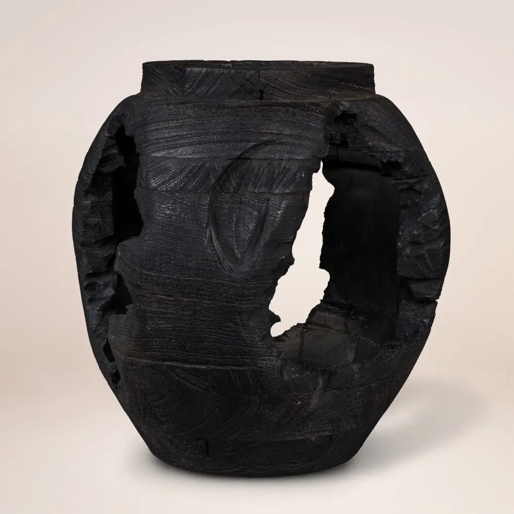 14" Ebony And Black Abstract Solid Wood Table Vase With Sculptural Details - NOBLE HOME INTERIORS