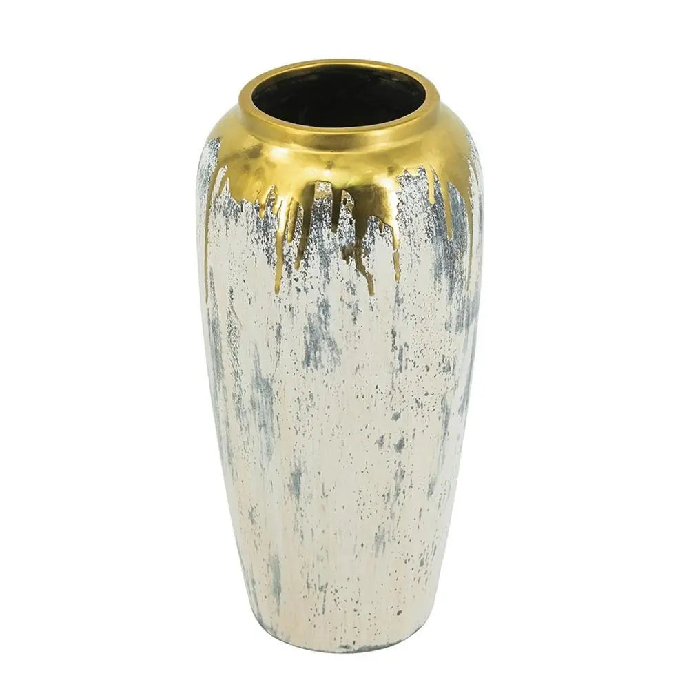 14" Gray Ivory And Gold Modern Abstract Ceramic Table Vase - NOBLE HOME INTERIORS