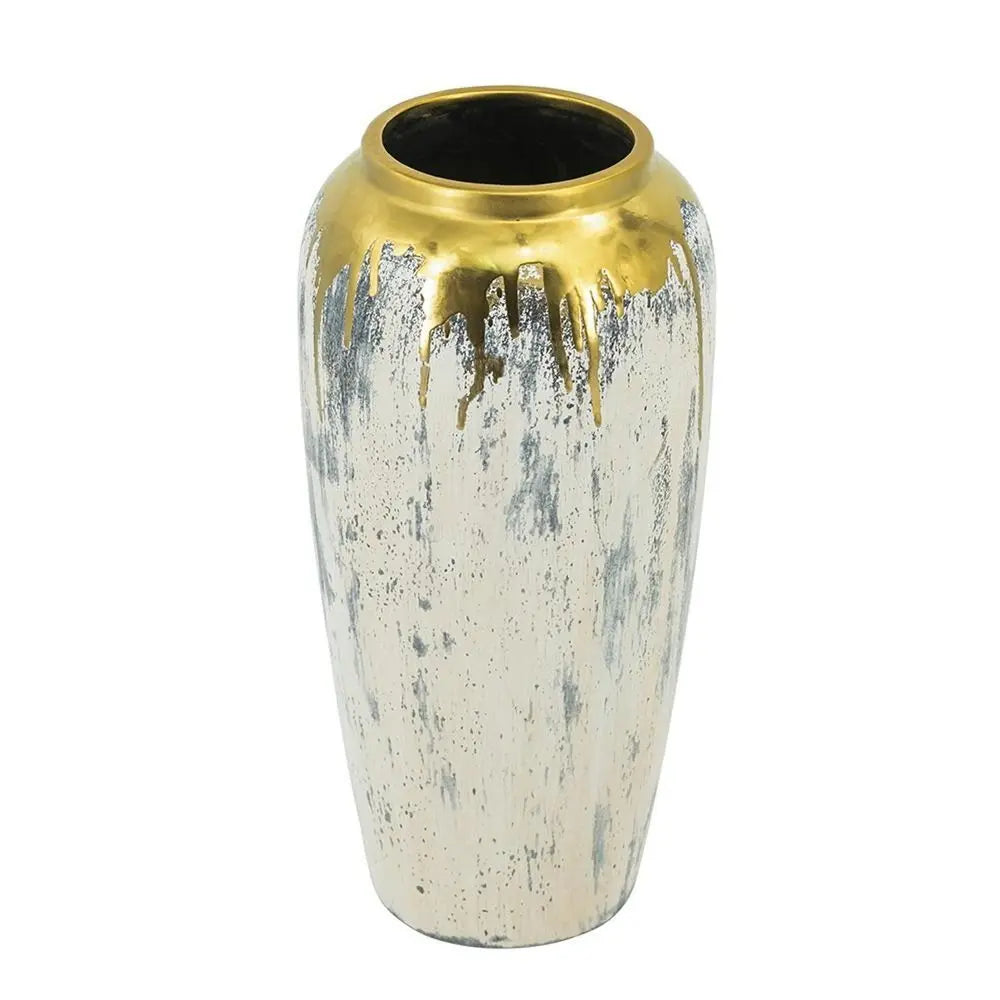 14" Gray Ivory And Gold Modern Abstract Ceramic Table Vase - NOBLE HOME INTERIORS