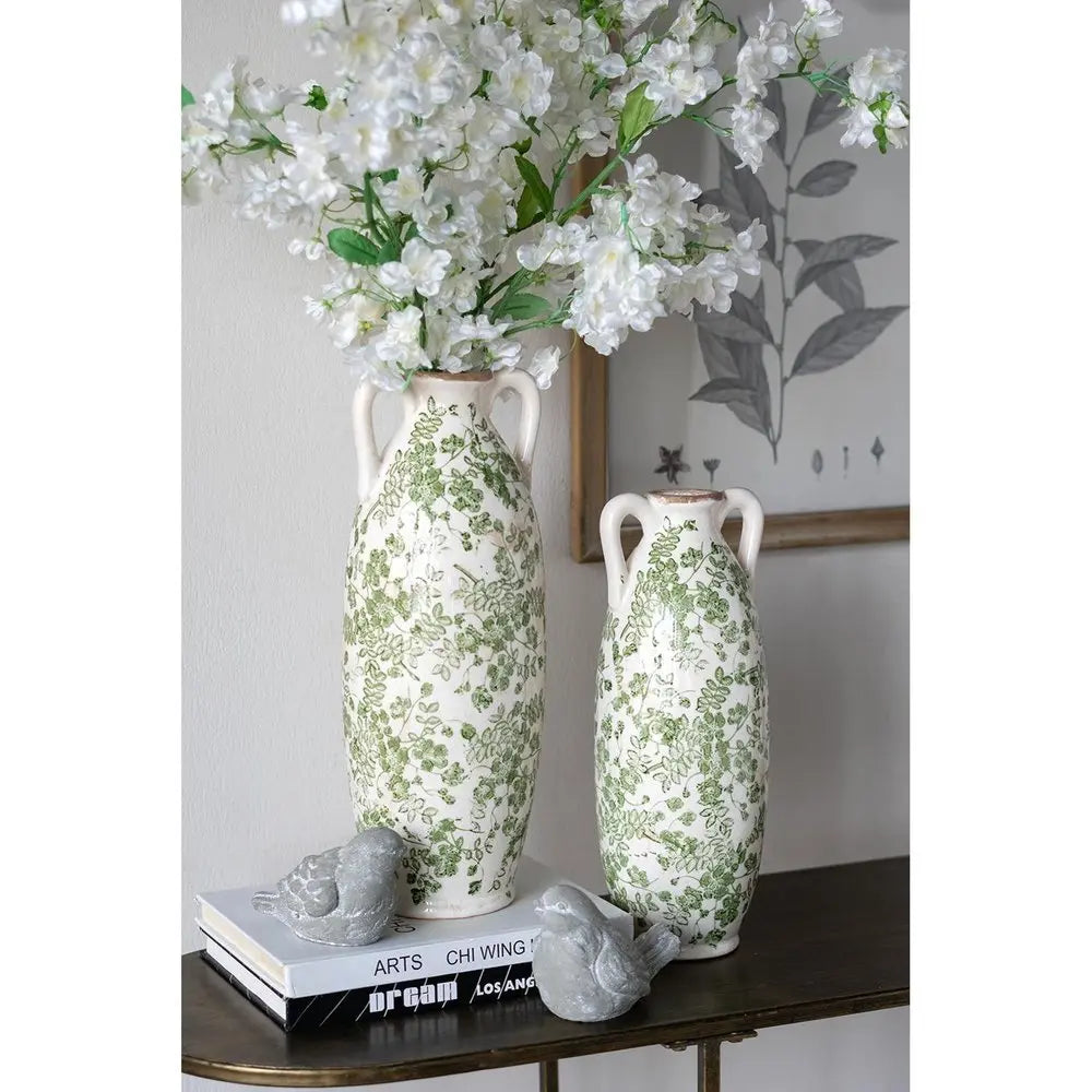 14" Green and White Leaf Amphora Ceramic Table Vase With Does Not Apply - NOBLE HOME INTERIORS