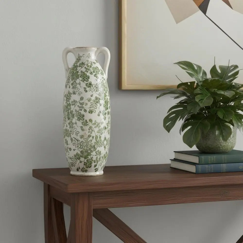14" Green and White Leaf Amphora Ceramic Table Vase With Does Not Apply - NOBLE HOME INTERIORS
