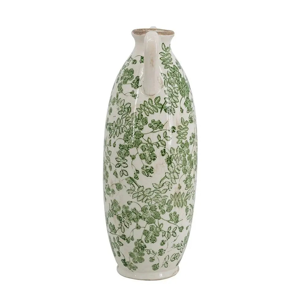 14" Green and White Leaf Amphora Ceramic Table Vase With Does Not Apply - NOBLE HOME INTERIORS
