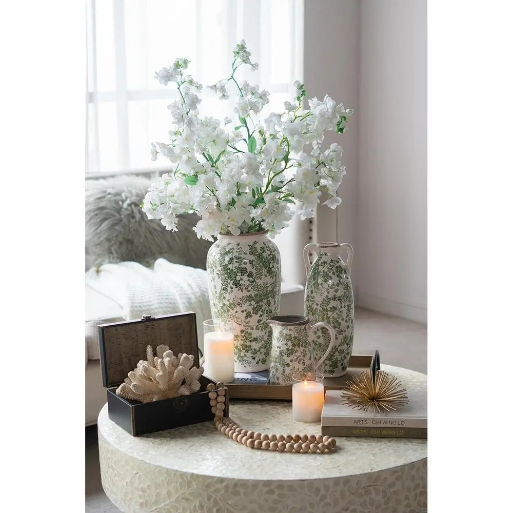 14" Green and White Leaf Amphora Ceramic Table Vase With Does Not Apply - NOBLE HOME INTERIORS