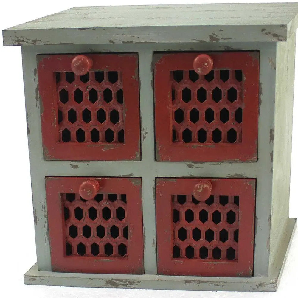 14" Red And White Distressed Wood Four Drawer Desk Organizer - NOBLE HOME INTERIORS