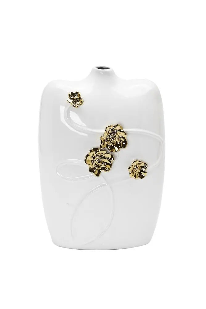 14" White Floral Ceramic Table Vase With Sculptural Details - NOBLE HOME INTERIORS