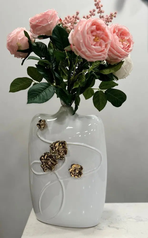 14" White Floral Ceramic Table Vase With Sculptural Details - NOBLE HOME INTERIORS