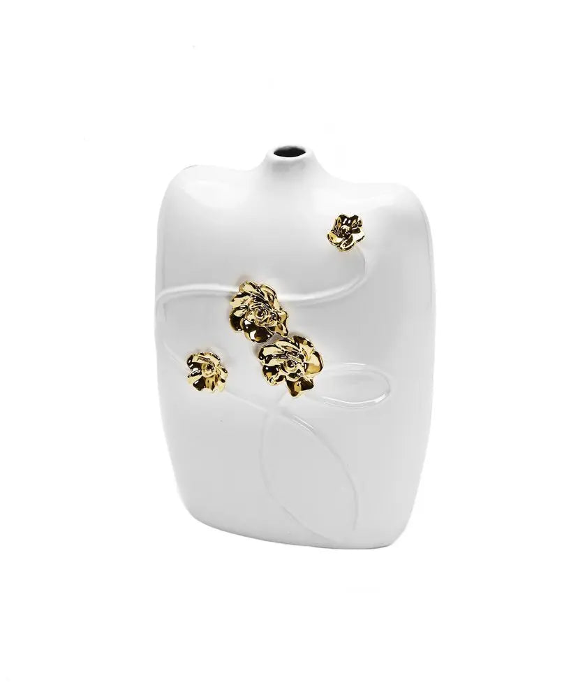 14" White Floral Ceramic Table Vase With Sculptural Details - NOBLE HOME INTERIORS