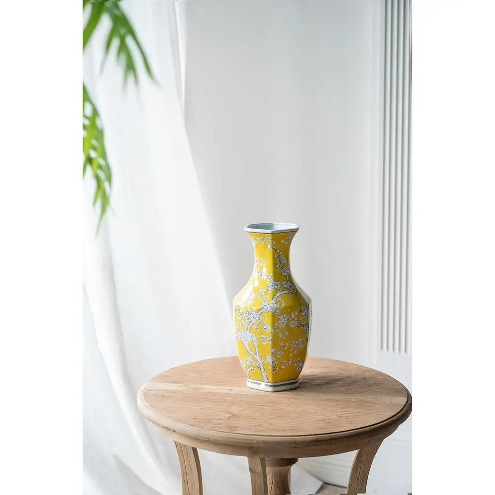 14" Yellow and White Porcelain Floral Round Table Vase - NOBLE HOME INTERIORS