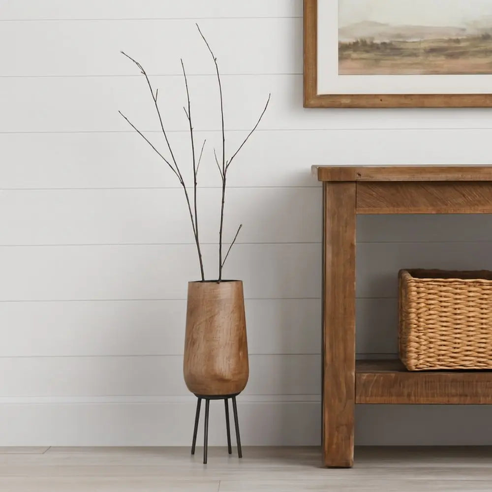 15" Brown Round Wood Floor Vase - NOBLE HOME INTERIORS